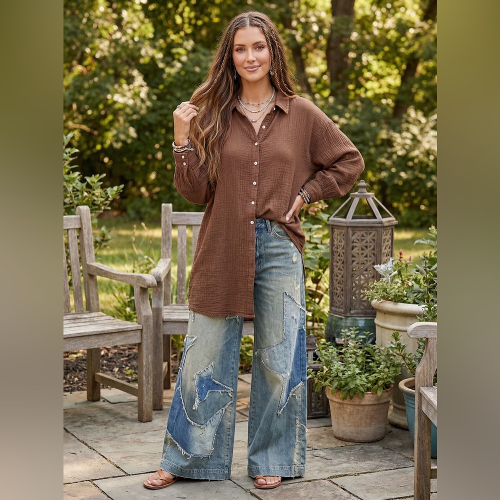 JADED GYPSY Brown Gauze 100% Cotton Boho Button Up Tunic Shacket Shirt Jacket